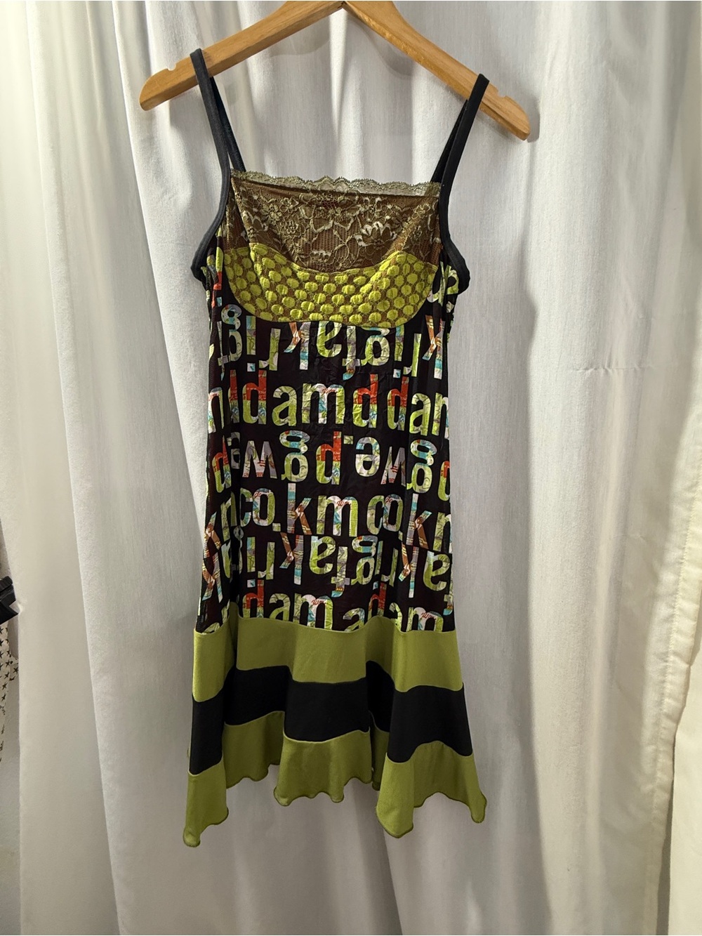 Kollontai Y2K Graphic Mesh Lace Slip Dress Green Black P/S petite small